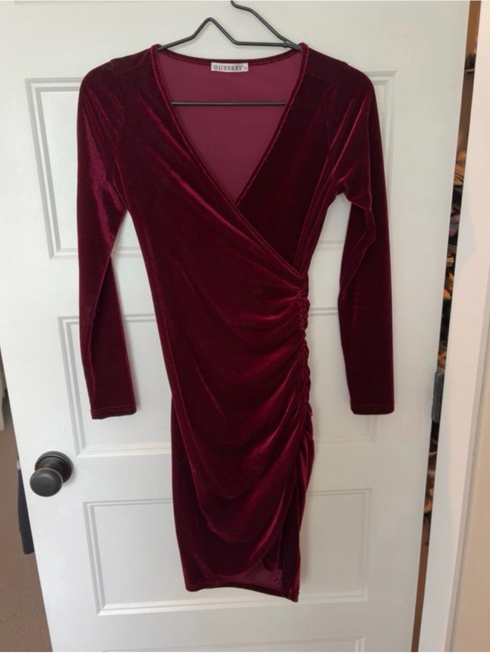 Burgundy Velvet Ruched Wrap Midi Dress XS